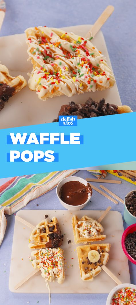 Waffle Pops make any other breakfast seem SO boring. Get the recipe at Delish.com. #waffle #pops #breakfast #dessert #brunch #kids #kidfriendly #chocolate #oreo #peanutbutter #banana Oreo Waffle Pops, Waffle Pops, Brunch Foods, Waffle Maker Recipes, Waffle Bar, Kid Snacks, Homemade Waffles, Chocolate Oreo, Break Fast