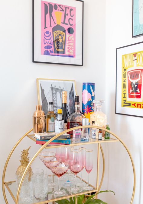 How to style a bar cart Styling Home decor interiors guide Uk Blogger Bar Cart Circle, Circle Bar Cart Styling, Colorful Bar Cart Styling, Bar Cart Inspo Vintage, Maximalist Bar Cart, Circle Bar Cart, Drink Cart Ideas, Bar Trolley Styling, Gold Bar Cart Styling