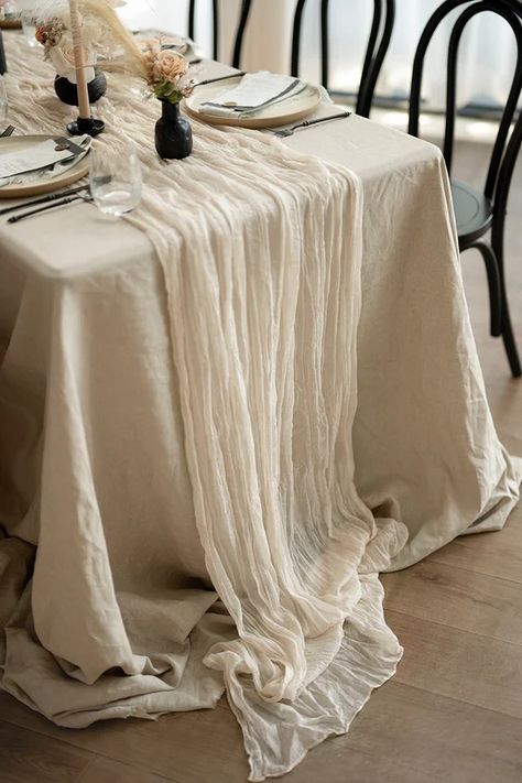 #CheeseclothTableRunnerIvory A rustic-elegant look with this wide hand-dyed color gauze table runner. It is unique and elegant for your wedding table, shower, party, Easter basket, or any occasion. PACKAGE DETAILS: Size: Approx. 35" wide and 10ft/14ft in length. Material: 7%viscose and 93%polyester, premium cheesecloth Neutral Tablecloth Wedding, Backyard Brunch, Gauze Table Runner, Table Dressing, Handmade Bouquets, Wedding Diary, Vintage Wedding Decorations, Long Table, Cheese Cloth