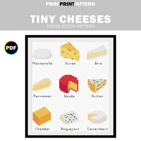 Tiny Cheeses Cross Stitch Pattern, gouda, swiss cheese, mozzarella, parmesan, brie, cheddar, camembert, stilton, modern cross stitch, pdf https://etsy.me/30U8AHb Cheese Cross Stitch, Cheese Embroidery, Tiny Cross Stitch Patterns Minis, Cheese Night, Cheese Mozzarella, Tiny Cross Stitch, Subversive Cross Stitch, Diy Broderie, Mini Cross Stitch