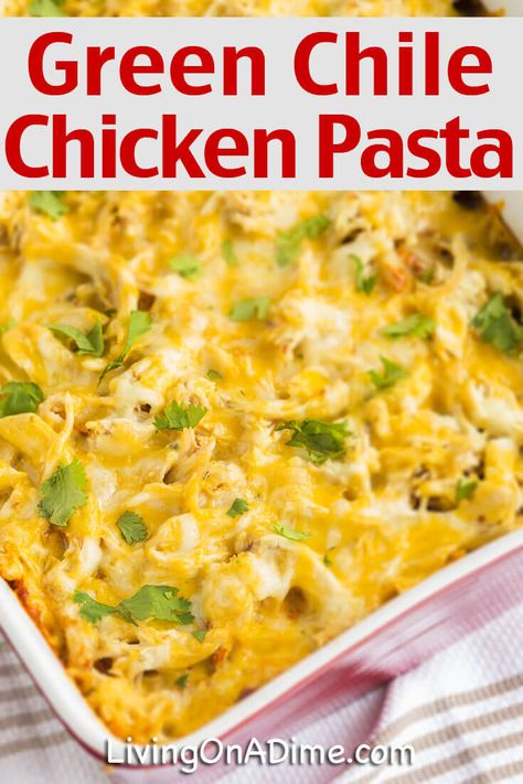 This Green Chili Chicken Pasta Recipe is a delicious and easy Mexican themed dish. It’s an easy casserole with a different twist from a typical pasta dish. Green Chili Chicken Casserole, Mexican Pasta Recipes, Living On A Dime, Family Pasta, Chili Casserole, Chili Pasta, Green Chile Recipes, Green Chili Recipes, Mexican Pasta