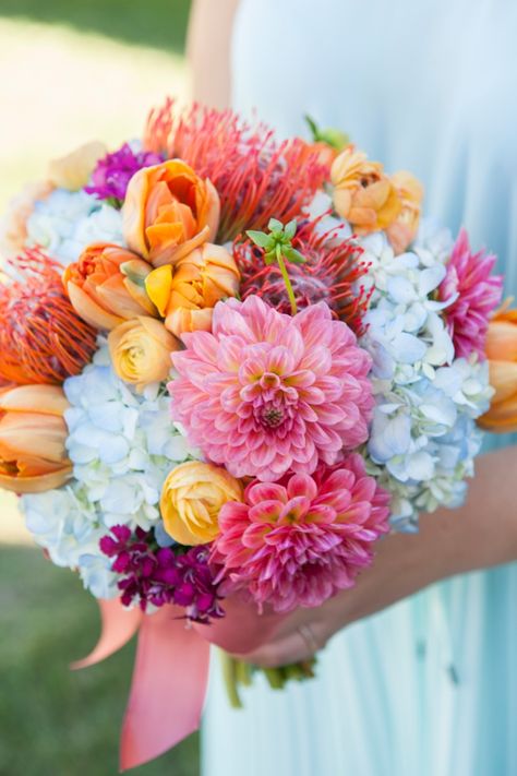 A bright and happy wedding bouquet with pinks, oranges, yellows and soft blues! Gazebo Wedding Ceremony, Hydrangea Bouquet Wedding, Wedding Flowers Hydrangea, Bridal Bouquet Pink, Blue Wedding Bouquet, Gazebo Wedding, Wedding Bouquets Pink, Wedding Arch Flowers, Pink Dusty