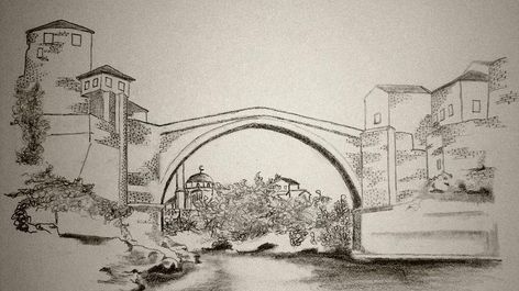 Horizontal Drawings, Safet Zec, Bridge Sketch, Mostar Bridge, Bridge Tattoo, Bridge Drawing, Color Pencil Sketch, Bridge Art, Flower Art Drawing