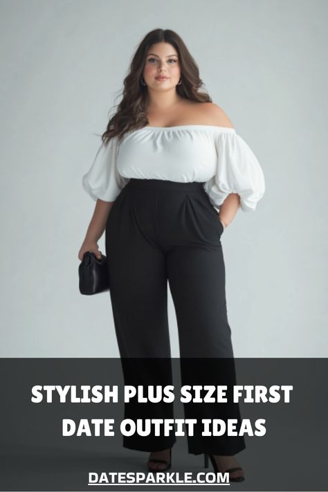 Plus-size woman in a chic off-shoulder white blouse and black pants, promoting first date outfit ideas. Casual Clubbing Outfits Plus Size, Plus Size First Date Outfit, Bar Outfits Plus Size, Plus Size Going Out Outfits Night, Clubbing Outfits Plus Size, Casual First Date Outfit, Plus Size Going Out Outfits, First Date Outfit Ideas, First Date Outfit