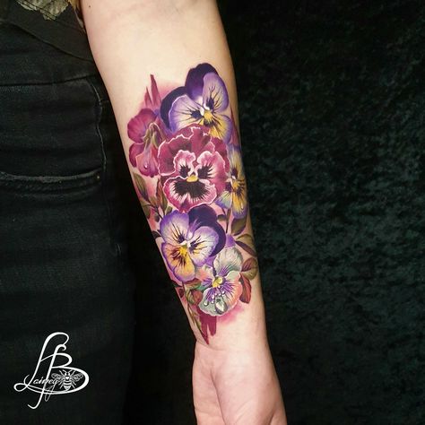 Pansy Tattoo, Violet Flower Tattoos, Colour Tattoo For Women, Purple Tattoos, Forarm Tattoos, Small Flower Tattoos, Floral Tattoo Sleeve, Gorgeous Tattoos, Tattoo Desings