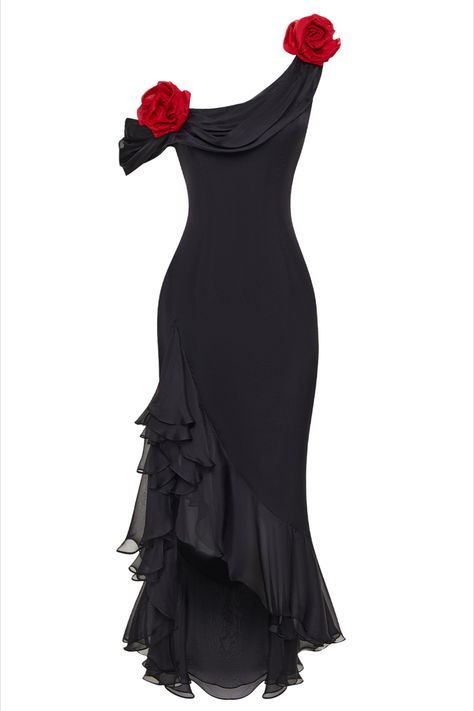 Black And White Dresses Classy, Phantom Of The Opera Outfits, Black Dress With Roses, Sheer Fabric Dress, Rodarte Dress, Nature Dresses, Midi Gown, Red Carpet Outfits, Event Dress