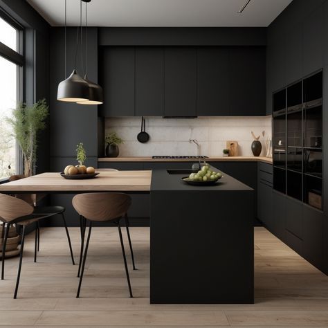 Modern Kitchen Black Cabinets, Small Kitchen Black Cabinets, Black Kitchen Modern, Dark Japandi, Matt Black Kitchen, Before After Design, All Black Kitchen, Matt Kitchen, Black Kitchen Design