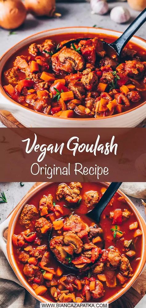 This vegan goulash based on the original hungarian recipe is a popular German dish that is easy to make, healthy, protein-rich and delicious! #easyrecipes #veganrecipes #vegetarian #recipes #food #vegan #recipe #healthyrecipes | biancazapatka.com Vegan Slavic Recipes, Vegan Goulash Recipes, Vegetarian Goulash, Vegan Goulash, Goulash Recipes, Food Vegan, Hungarian Recipes, Goulash, Healthy Protein