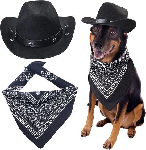 Cowboy Dog Costume with Cowboy Hat and Bandana Cowboy Dog Costume, Hat And Bandana, Cowboy Dog, Cowboy Accessories, Halloween Dogs, Kitten Party, Black Bandana, Cowboy Costume, Bandana Scarf