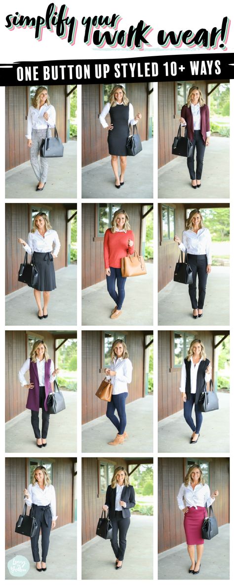 How to Style a Button Up for Work // 1 Shirt, 10+ Ways - Living in Yellow Dress Button Up Shirt Outfit, Versatile Work Outfits, One Shirt 10 Ways, Striped Button Down Shirt Outfit Work, How To Style Womens Button Up Shirt, How To Style Button Up Shirts Women Work, How To Wear Button Up Shirts Women Work, Ways To Style A Button Down Shirt, 1 Shirt Different Ways