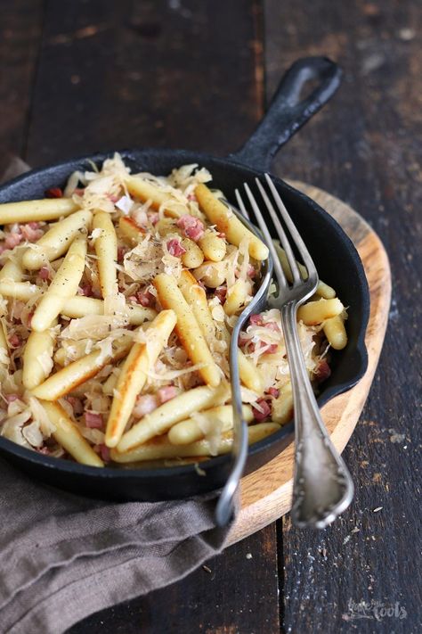 German Schupfnudeln (Potato Noodles) with Sauerkraut | Bake to the roots German Noodles, Potato Noodles, German Potatoes, Potato Ricer, German Recipes, Clarified Butter, German Food, The Roots, Be Careful