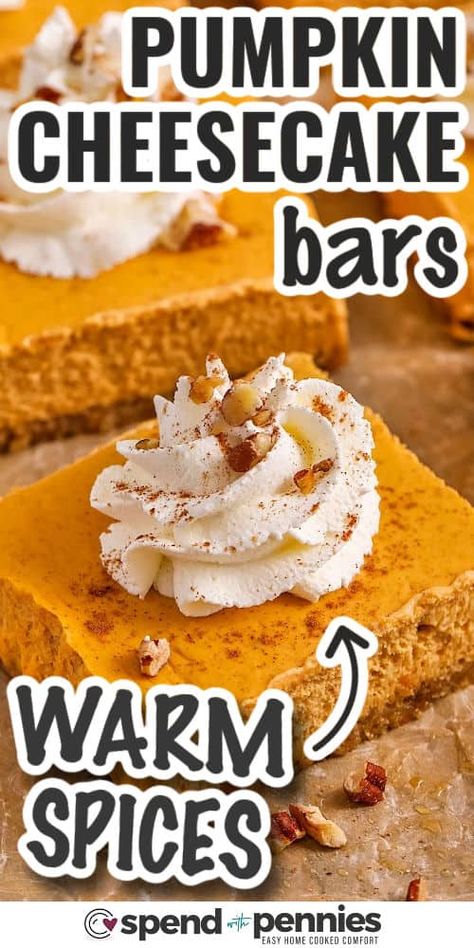 If you love fall flavors, these pumpkin cheesecake bars are a must-try! They combine creamy, spiced pumpkin filling with a luscious cheesecake layer for a dessert that’s rich, flavorful, and satisfying. Made with simple ingredients, these bars are easy to make and perfect for any gathering. Serve them up at your next get-together, and watch them disappear! You’ll want to keep this recipe in your fall baking rotation. #spendwithpennies The Best Pumpkin Desserts, Thanksgiving Pumpkin Desserts Easy, Fresh Pumpkin Dessert Recipes, Best Pumpkin Recipes Dessert, Best Pumpkin Dessert Recipes, Pumpkin Desserts With Cream Cheese, Pumpkin Thanksgiving Desserts, Pumpkin Squares Recipe, Afib Diet