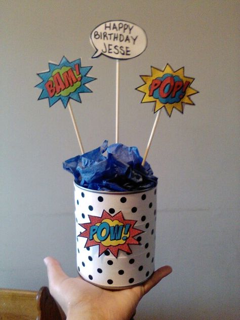 Superhero comic centerpiece Comic Book Centerpieces, Superhero Centerpiece, Batman Themed Birthday Party, Book Centerpieces, You Are My Hero, Mommy And Son, 70th Birthday Parties, Superhero Birthday Party