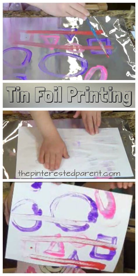 Tin Foil Printing - easy process art and print project for kids, toddlers and preschoolers Foil Art Projects For Kids, Art Projects For Kids Summer, Easy Art Projects For Kids, Tin Foil Crafts, Process Art Preschool, Tin Foil Art, Recycling For Kids, Preschool Art Projects, Kindergarten Art Projects