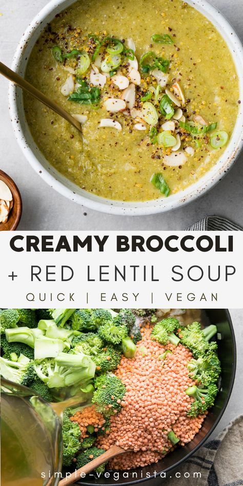 Broccoli And Bean Soup, Blended Broccoli Soup, Broccoli And Lentil Recipes, Lentil Broccoli Soup, Green Lentil Soup Crockpot, Simple Vegan Soup, Cooked Lentil Recipes, Side Dishes For Soup Dinners, Vegan Broth Soup