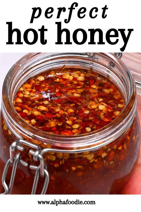 This 3-ingredient, 5-minute hot honey sauce is sweet, sticky, spicy, and perfect for drizzling and spreading over everything like pizza, cornbread, biscuits, and more! Honey Chilli Sauce, Hot Honey Sauce, Cornbread Biscuits, Hot Honey Recipe, Easy Marinades, Homemade Sauce Recipes, Hot Sauce Recipes, Homemade Condiments, Honey Sauce