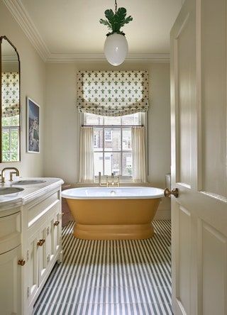 London Townhouse Bathroom, Studio Duggan, London Bathroom, Tiny Bed, Small Guest Rooms, Contemporary Victorian, Beata Heuman, Eden Garden, Striped Tile