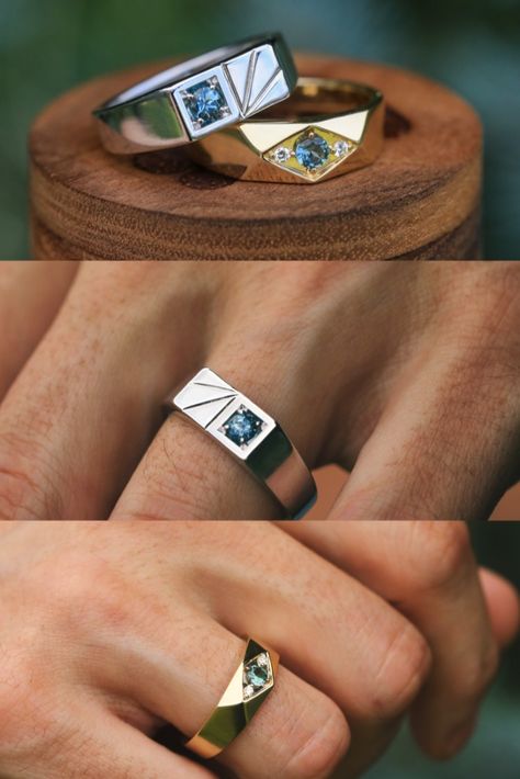 A photo collage showing two men's Montana sapphire engagement rings/wedding bands from Staghead Designs. One ring is a flat-top style band in 14K white gold with a round Montana sapphire & lines etched like rays of light. The other ring is a 14K yellow gold band with a round Montana sapphire & two diamond accents fashioned into the shape of an eye. Men Engagement Ring Unique, Unique Wedding Ring For Men, Platinum Engagement Rings Men, Gay Engagement Rings For Men, Men’s Gemstone Rings, Unique Male Engagement Rings, Mens Engagement Rings Diamond Unique, Unique Engagement Rings Men, Unique Men Wedding Band