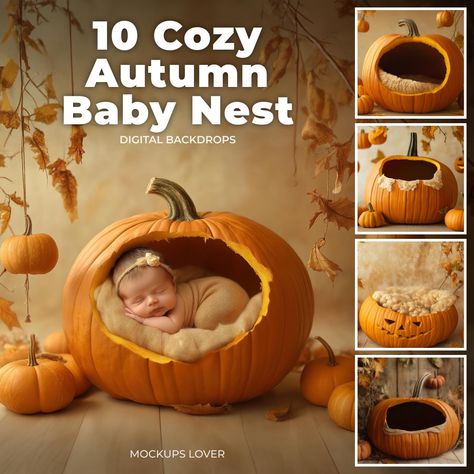 Newborn Halloween Pumpkin Digital Backdrop: Autumn Studio Composite Prop Capture the essence of fall with our Newborn Halloween Pumpkin Digital Backdrop. This charming backdrop is perfect for creating adorable and festive newborn portraits, featuring a cozy pumpkin nest surrounded by vibrant autumn leaves. Ideal for Halloween and fall-themed photo sessions, this backdrop adds a touch of seasonal magic to your newborn photography. Product Highlights: - Quantity: 10 digital backdrops - Dimensions: Newborn In Pumpkin Picture, Fall Themed Newborn Photos, Newborn Pumpkin Photoshoot, Newborn In Pumpkin, Baby Pumpkin Pictures Newborn, Baby Pumpkin Photos, Newborn October Pictures, Autumn Newborn Photoshoot, Newborn Fall Crafts