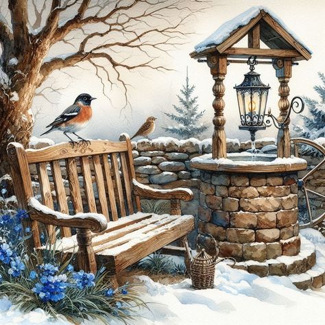 Benches Diy, Winter Scene Paintings, Winter Christmas Scenes, Winter Szenen, Peacock Painting, Winter Illustration, Winter Painting, Christmas Wonderland, Christmas Mantels