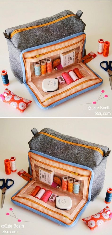 Sew Organizer Bag, Bag For Sewing Supplies, Patchwork Boxes Ideas, Sewing Tools Bag, Travel Sewing Kit Diy Free Pattern, Diy Sewing Kit Organizer, Box Pouch Sewing Pattern, Sewing Tools Organizer Diy, Sewing Accessories Organizer