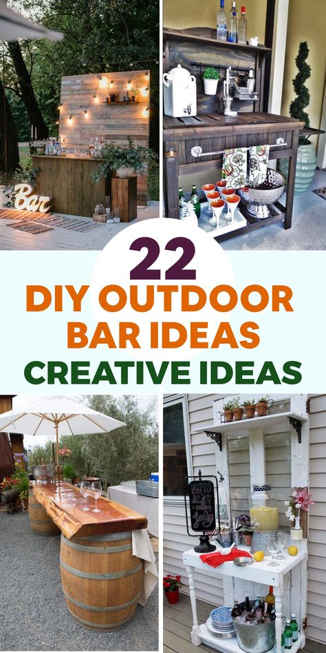 Elevate your outdoor entertaining game with these unique DIY bar ideas. Transform a wooden pallet into a rustic bar by sanding, staining, and adding a reclaimed wood countertop for a charming touch. Utilize hooks and shelves for glassware storage. Alternatively, construct a sturdy cinder block bar topped with a wooden plank painted to complement your outdoor decor. How To Make An Outside Bar, Dresser Bar Diy, Outdoor Bar Lighting Ideas, Diy Outdoor Bar Ideas, Diy Bar Ideas, Rustic Outdoor Bar, Tiki Bars Diy, Fruit Fly Trap Diy, Outdoor Bar Ideas