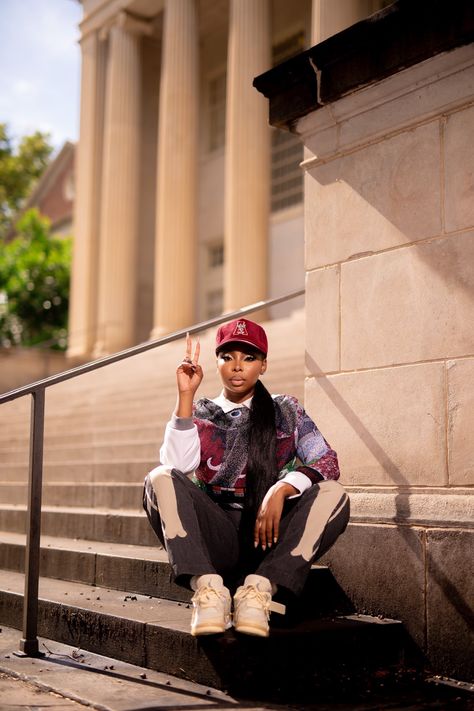 Sneakerhead Graduation Pictures, Campus Photoshoot Ideas, Streetwear Graduation Pictures, Black Senior Pictures High Schools, Letterman Graduation Pictures, Graduation Pictures City, Grad Photoshoot Black Women, Alabama Graduation Pictures, Hbcu Graduation Pictures