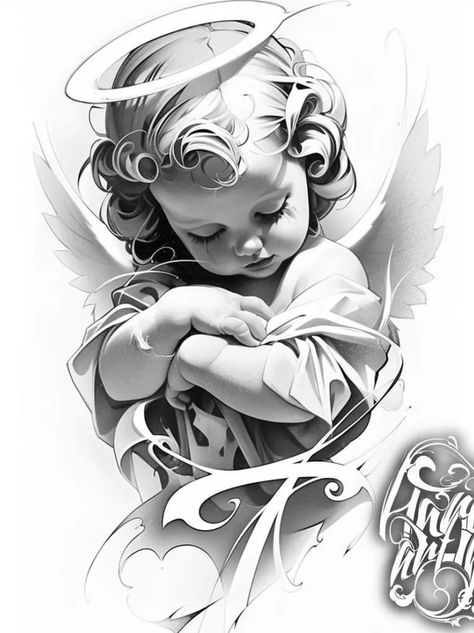 Angel And Dove Tattoo, Crying Angel Tat, Gangsta Tattoo Ideas, Baby Angel Tattoo For Men, Female Angel Drawing, Angel Halo Tattoo, Good Angel Bad Angel Tattoo, Baby Angel Drawing, Baby Angel Tattoo Designs