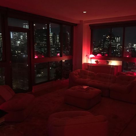 Eileen Kelly (@eileen) • Instagram photos and videos New York Penthouse Aesthetic Night, Modern City Apartment Living Room, Nyc Houses Inside, Red Aesthetic Apartment, Nyc Apartment Night, Night Aesthetic Apartment, City Apartment Aesthetic Night, New York Aesthetic Apartments, Night Apartment Aesthetic