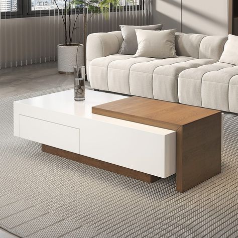 The bold two-tone design offers a fun modern appeal to your home. The sliding side table opens to reveal hidden storage. A small side table that can be moved at will, can be placed in any position you want to become your small office desktop according to your needs. The large drawer can easily fulfill your daily storage need. Modern Rectangular Coffee Table, Sofa Table Design Modern, Coffee Table Rectangular, Sliding Storage, Coffee Table With Drawer, Sofa Table Design, Meja Sofa, Rectangle Coffee Table Wood, Center Table Living Room