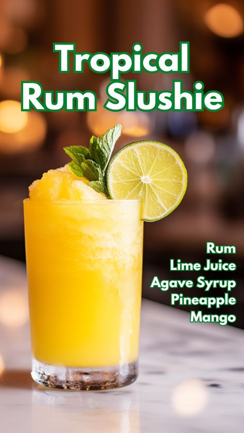 Tropical Rum Slushie Mango Rum Cocktail, Slushie Cocktails, Mango Cocktails, Pineapple Cocktails, Cocktail Cards, Mango Cocktail, Tropical Cocktails, Tropical Drinks, Pineapple Cocktail