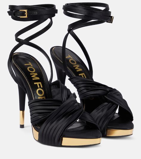 Find Tom Ford Satin Platform Sandals on Editorialist. Lining: leather. Toe shape: pointed open toe. Sole: leather insole and sole. Closure: ankle strap. Comes with extra heel tips. Made in Italy. Comes with dust bags. Upper: fabric. Comes with a box. Tom Ford Heels, Evening Heels, Latest Sandal, Black Toms, Satin Noir, Cute Heels, Platform Sandals Heels, Fabulous Shoes, Hot Shoes