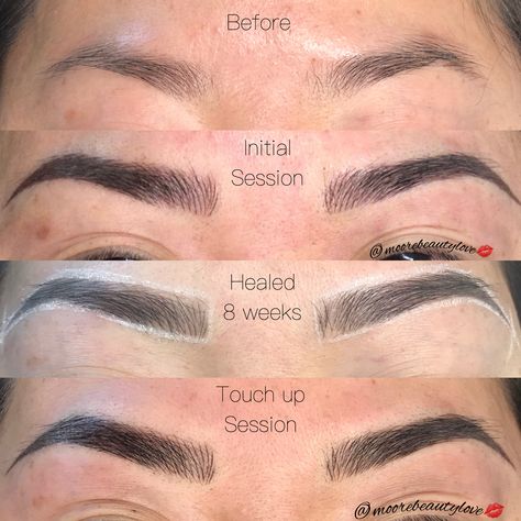 The stages of building brows with 3D Microblading. Love this transformation! This is the Moorebeauty Blend technique. 3D Microblading by Maya @moorebeautylove at Jovance Salon. #microblading #microbladingeyebrows #microbladingtraining #microbladingbrows #microbladingartist #healed #healedbrows #healedtattoo #eyebrowsonfleek #eyebrowsonpoint #eyebrowembroidery #bayarea #beautyblog Eyebrow Tattoo Removal, Permanent Eyebrow Tattoo, Mircoblading Eyebrows, Eyebrow Tattoos, Permanente Make-up, Semi Permanent Eyebrows, Scalp Micropigmentation, Brow Tattoo, How To Grow Eyebrows