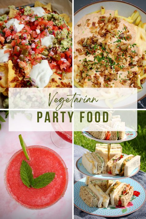 4 Images: sandwiches, nachos, loaded fries, and watermelon cocktails. Veggie Party Food, Mac N Cheese Bites, Crostini Toppings, Vegan Afternoon Tea, Vegetarian Party, Vegan Sausage Rolls, Vegetarian Party Food, Vegan Party Food, Frozen Watermelon