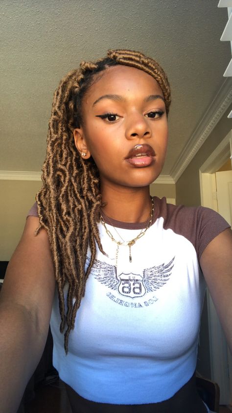 coloured faux locs | faux locs hairstyles | honey blonde faux locs | colour 30 hair | 24 inch faux locs Colour 30 Faux Locs, Coloured Faux Locs, Ponytail Faux Locs, Honey Blonde Faux Locs, Honey Blonde Ponytail, Blonde Faux Locs, Faux Locs Colored, Blonde Ponytail, Faux Locs Hairstyles