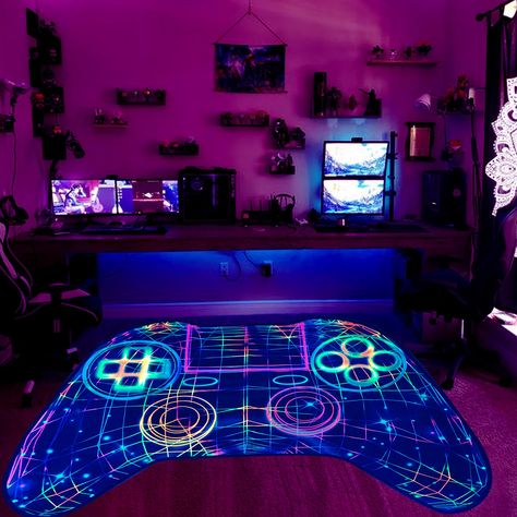 PRICES MAY VARY. Black light/UV Reactive: This gaming area rug can glow under black light, creating a colorful gaming environment that makes your gaming experience more enjoyable and exciting, and also makes your room look cooler. Design: This gaming area rug is printed in high definition with special ink to ensure clear and bright colors. It glows under the black light and adds a unique color to a teen's room. The bottom of the carpet is equipped with a special non-slip rubber base design to pr Boy Room Rugs, Things For Room Decor, Tenneger Boys Room With Led Lights, Wallpaper For Gamer Boys Room, Big Boy Room Led Lights, Gamer Themed Bedroom, Kids Gamer Bedroom Lights, Procreate Building, Urban Room Decor