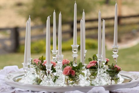 Mismatched crystal candles sticks of assorted sizes on a vintage white wooden mirror tray Glass Candlesticks Wedding, Mercury Glass Candlesticks, Pottery Barn Style, Candlestick Centerpiece, Candle Sticks Wedding, Crystal Candlesticks, Mirror Tray, Crystal Candle Holder, Wooden Mirror