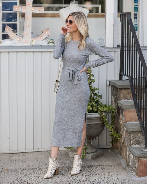 Sweater Dress Shoes, Gray Sweater Dress Outfit, Grey Dress Outfit, Red Dress Day, Womens Grey Sweater, Grey Long Dress, Chic Black Dress, Womens Winter Dresses, Fall Sweater Dress