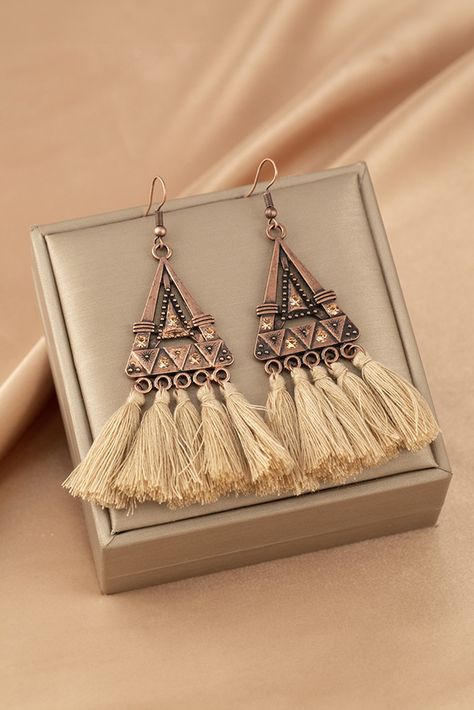 $1.8 Brown Boho Triangle Metal Tasseled Earrings Wholesale Earthy Chic, Jewelry Knowledge, Metal Pendants, Boho Chic Earrings, Chic Vibes, Bohemian Colors, Tassel Drop Earrings, Triangle Design, Estilo Chic