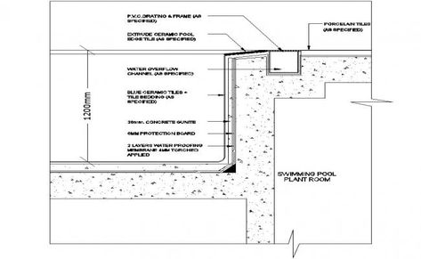 Swimming Pool Details Section, Pool Construction Detail, Pool Section Detail, Swimming Pool Details, Pool Section, Zero Edge Pool, Pool Detail, Car Showroom Architecture, Wood Pool Deck