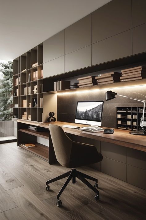 Galley Office Small Spaces, Storage Wall Office, Modern Study Rooms Contemporary Home Offices, Home Office Millwork, Modern Office Shelving, Study Wall Design, Office With Lots Of Storage, Family Study Room, Desk Built Into Wall