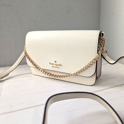 Shop the Kate Spade Madison Small Flap Crossbody in Meringue, a structured bag with a polished gold chain strap and polished gold hardware. #katespade #madison #crossbody Spade Logo, Trendy Purses, Bag Women Fashion, Quilted Purses, Patterned Backpack, Quilted Handbags, Stylish Handbags, Leather Duffle, Quilted Crossbody Bag