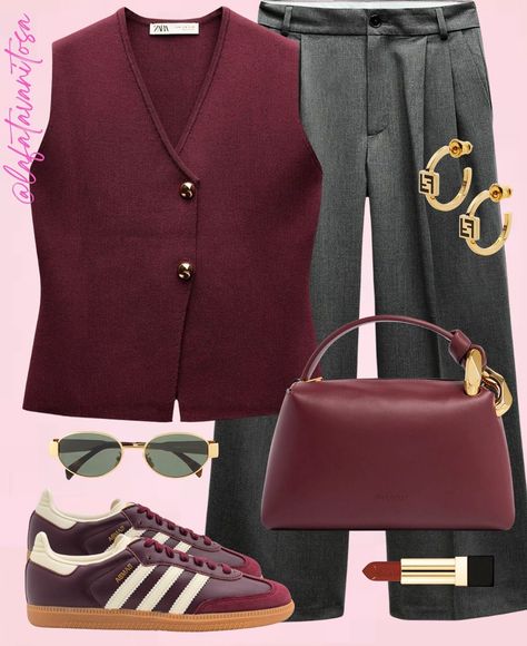 Burgundy Tank Top Outfit, Outfits Marron, Tank Top Outfit, Burgundy Tank Top, Burgundy Vest, Adidas Samba Outfit, Samba Outfit, Burgundy Outfit, La Outfits