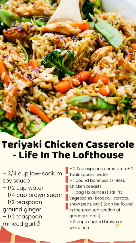 Teriyaki Chicken Casserole is full of savory chicken, rice and vegetables. The teriyaki sauce gives it outstanding flavor. This delicious meal is one your family will love! First off, I must say I have to give Carrian from Oh Sweet Basil top notch credit for this fantastic recipe! If you are looking for an incredible,... Chicken Teriyaki Casserole, Teriyaki Casserole, Teriyaki Chicken Casserole, Life In The Lofthouse, Rice And Vegetables, Oh Sweet Basil, Chicken Teriyaki, Savory Chicken, Sweet Basil