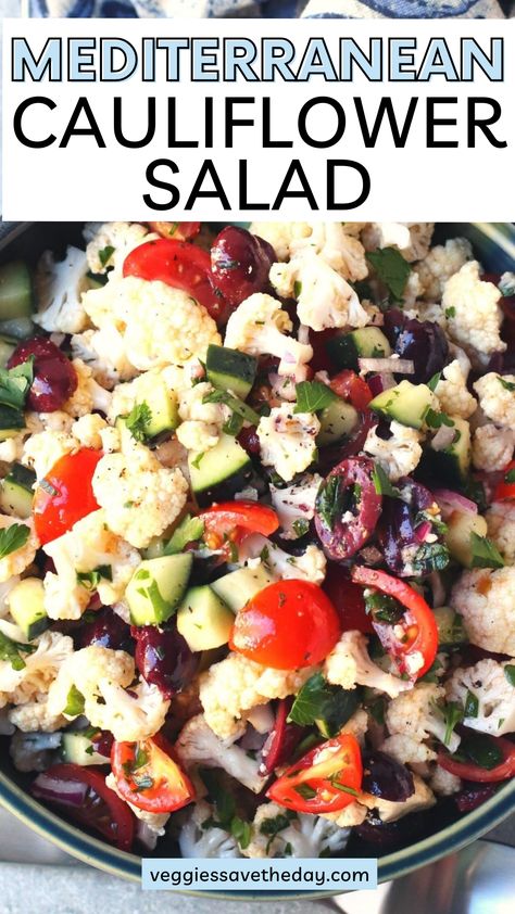 Easy to make with 10 ingredients, Mediterranean Cauliflower Salad is crunchy and satisfying. Hyper Nourishment Protocol, Dr Goldner Recipes, Dr Brooke Goldner Recipes, Brooke Goldner, Mediterranean Dressing, Crunchy Cauliflower, Mediterranean Cauliflower, Mediterranean Salad Recipe, Mediterranean Recipes Healthy