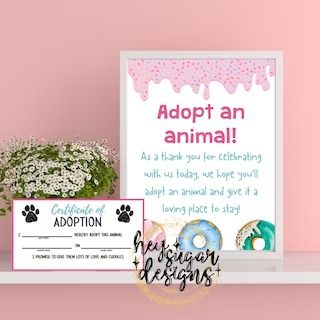 Stuffed Animal Adoption Certificate, Stuffed Animal Adoption, Animal Adoption Certificate, Donut Themed Party, Donut Sign, Adopt An Animal, Donut Signs, Animal Adoption, Adoption Certificate