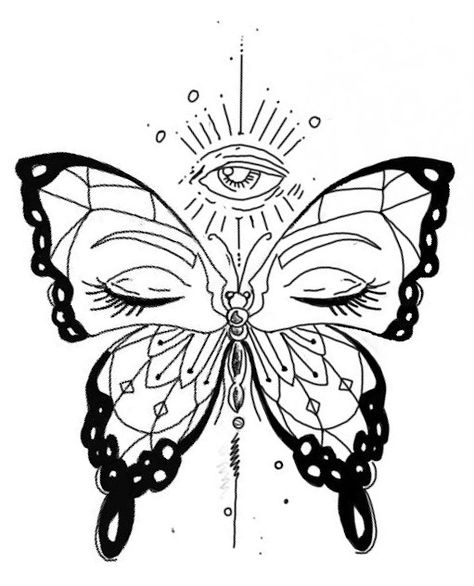 Third Eye Butterfly Tattoo, Butterfly With Eyes On Wings, Tattoo Ideas Edgy, Heart With Wings Tattoo, Butterfly Tattoo Stencil, Trippy Patterns, Tarot Card Tattoo, Butterfly Project, Trippy Drawings