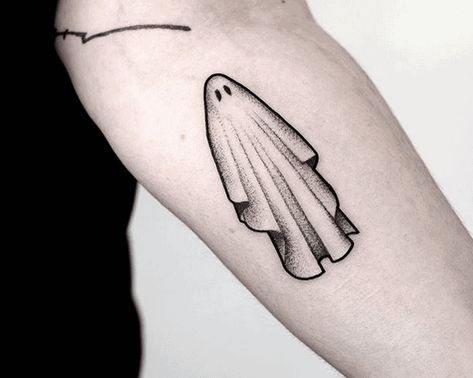 Halloween Tattoos - Ghosts, Bats, Pumpkins & Haunted Houses [2020 Guide] - Tattoo Stylist Ghost Tattoos, Halloween Tattoo Ideas, Ghost Tattoo, Wicked Tattoos, Spooky Tattoos, Halloween Tattoo, Cool Small Tattoos, Unique Tattoo Designs, Spooky Ghost