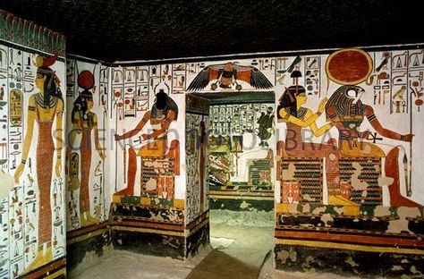 Tomb of Queen Nefertari. Interior of the vestibule within the tomb of Queen Nefertari. At centre is the entrance to a larger room known as the First east side annexe. Nefertari, who lived around 1300-1255 BC, was the first wife of the Egyptian pharaoh Ramses II. Queen Nefertari, Starověký Egypt, Egyptian Painting, Egypt Museum, Egyptian Artifacts, Ancient Egypt Art, Egyptian Pharaohs, Egypt History, Egypt Art