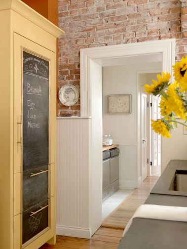 brooksBerry Inspirations- exposed brick, bead board and awesome custom refrigerator front! Chalkboard Walls, Wood Shelves Kitchen, Apartment Kitchen Ideas, Custom Refrigerator, Trendy Kitchen Backsplash, Kitchen Updates, Trendy Apartment, Bead Board, Kitchen White